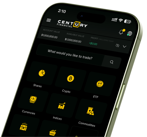 Century Trader App showing tradable asset classes
